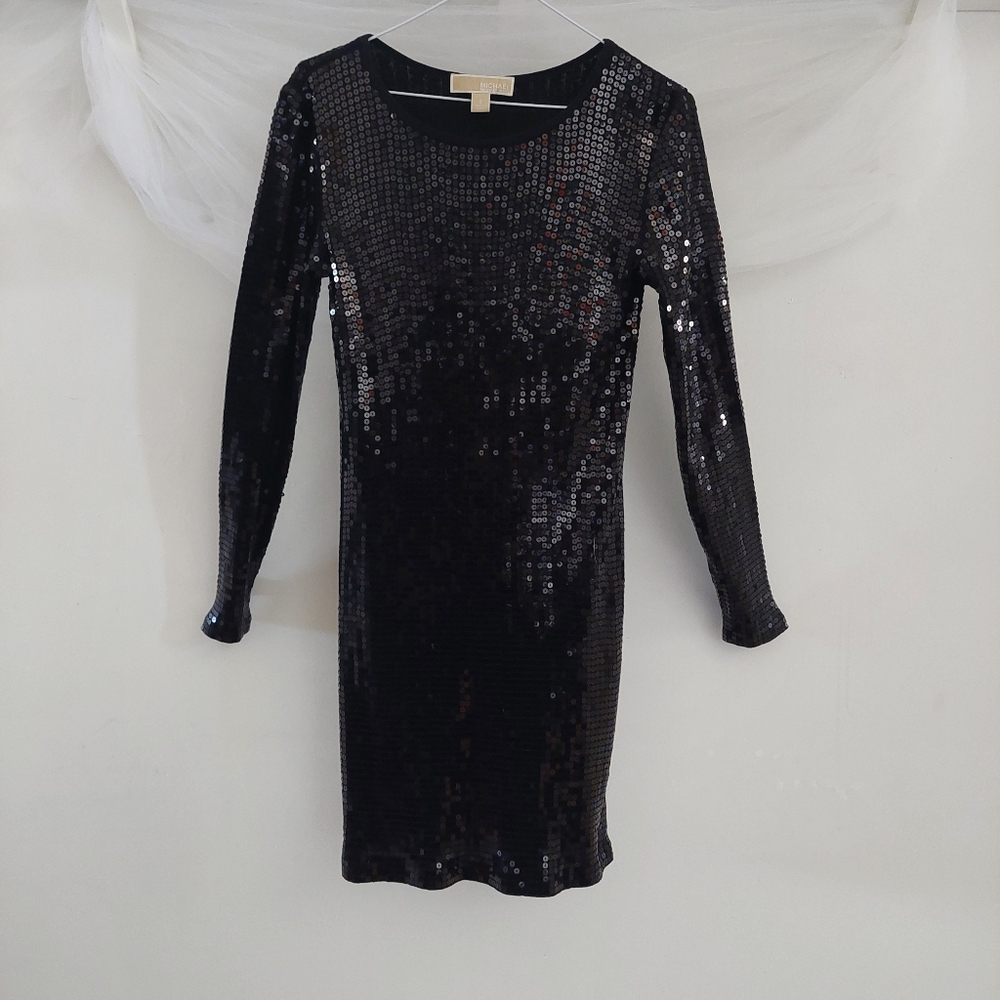 Michael Kors Black Sequin Mini Dress Long Sleeve Sparkly Cocktail Party Evening